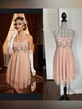 Vintage 2000s Etherial Beaded and Pearl Babydoll Chiffon Dress. Medium.